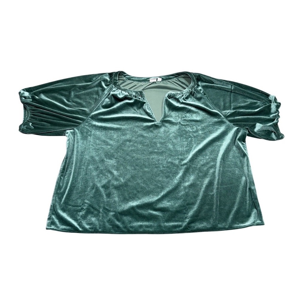 GAP Womens Velvet Puff Sleeve Split Neck Blouse Top Large Green Quiet Luxury